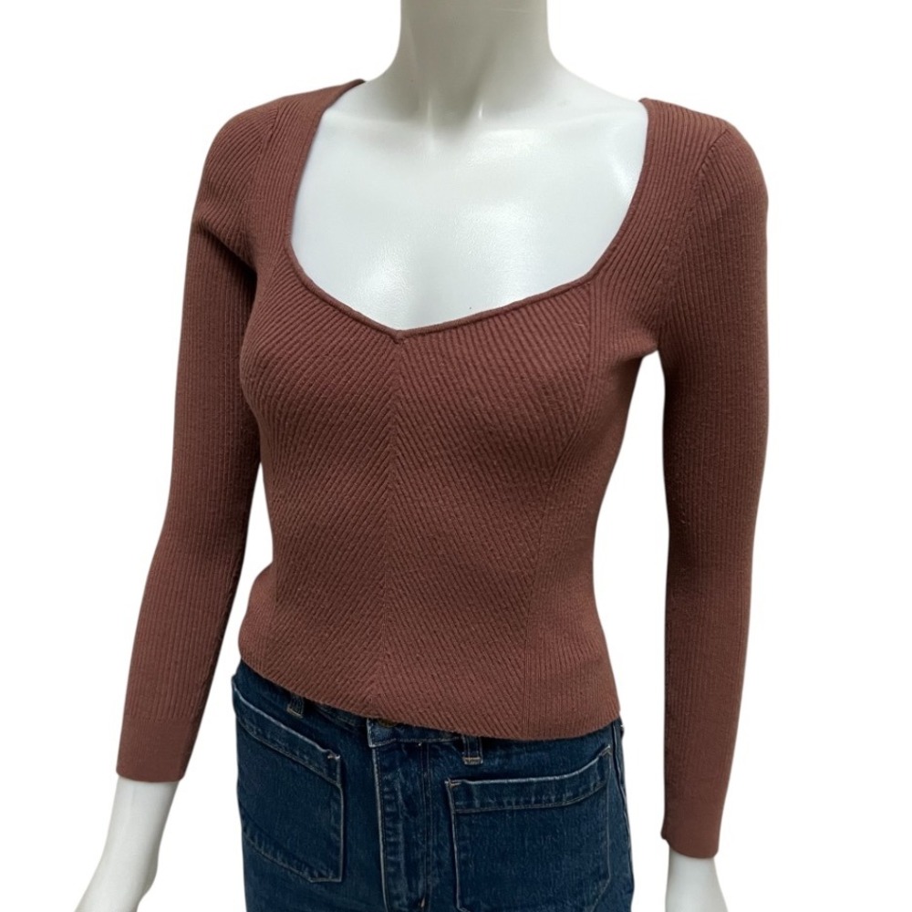Abercrombie Fitch LuxeLoft Top Women's Ribbed Sweetheart Neck Brown Sz S‎ Preppy - Picture 2 of 16